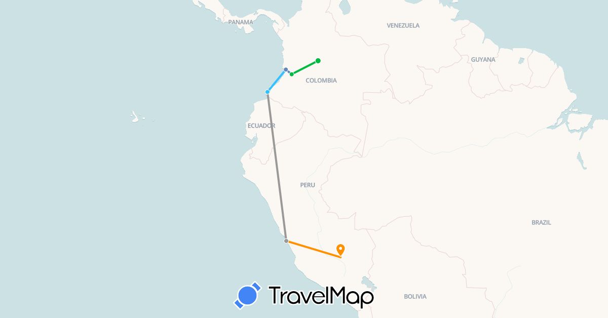 TravelMap itinerary: driving, bus, plane, cycling, boat, hitchhiking in Colombia, Peru (South America)
